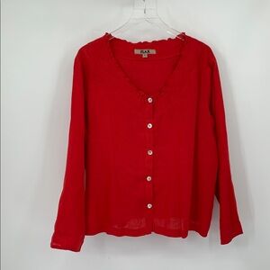 Flax button front shirt top blouse linen red v-neck ruffle scarlett boxy Large